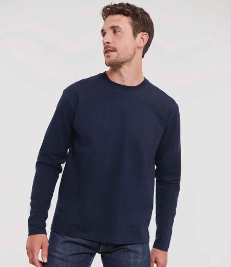 Russell Classic Long Sleeve T-Shirt in French Navy, worn by a model