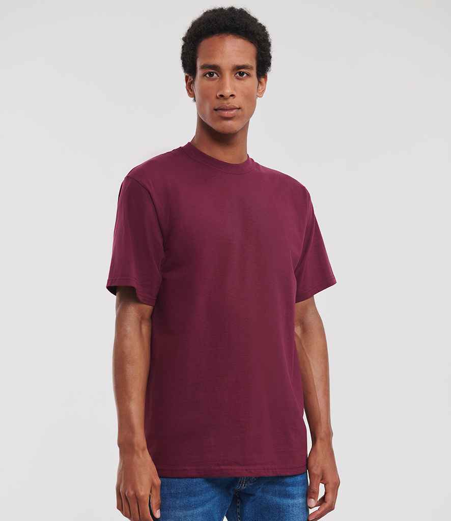 Russell Classic Ringspun T-Shirt in Burgundy, worn by a model