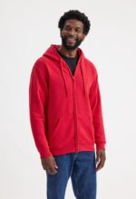 Model wearing the Uneek Classic Full Zip Hooded Sweatshirt in Red