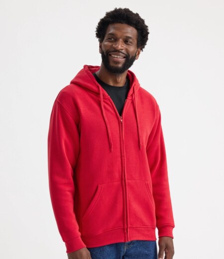 Model wearing the Uneek Classic Full Zip Hooded Sweatshirt in Red