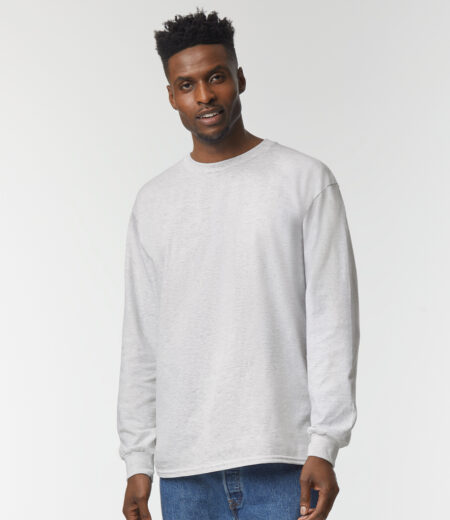 GD14 Gildan Ultra Cotton Long Sleeve T-Shirt – Ash (model, front)