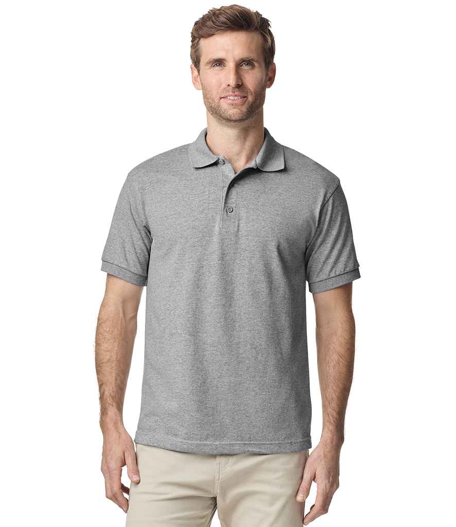 GD40 Gildan DryBlend Jersey Polo Shirt – Sport Grey (model, front) Gildan GD40 DryBlend jersey polo shirt in Sport Grey, worn by a model