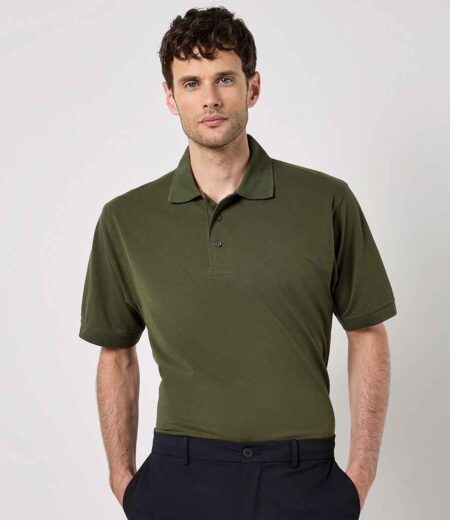 Kustom Kit K403 Klassic piqué polo shirt in Army Green, worn by a model