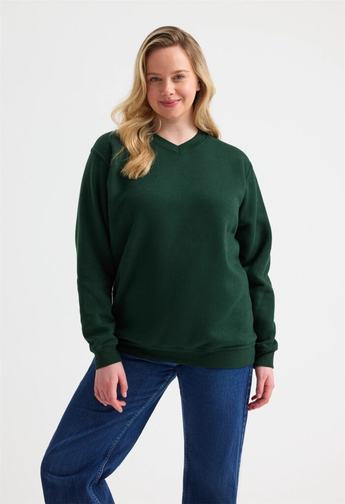 UC204 Uneek Classic V Neck Sweatshirt – Bottle Green (model, front)