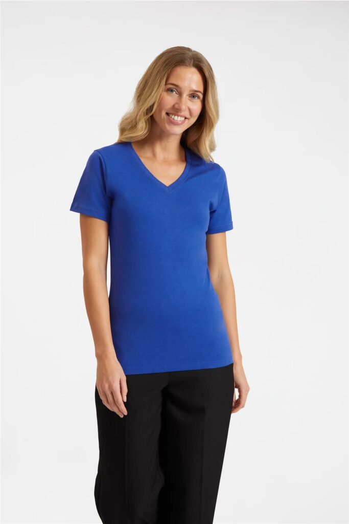 UC319 Uneek Ladies Classic V Neck T-Shirt – Royal Blue (model, front)